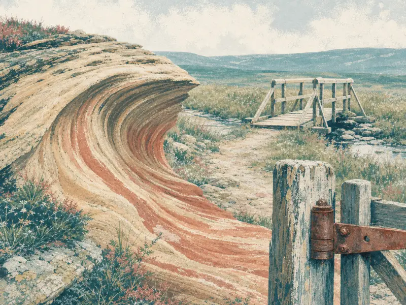 A wave-shaped striped sandstone rock formation next to a dirt path, wooden footbridge, and rustic gate post.