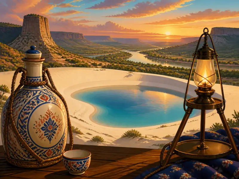 A glowing lantern and ornate ceramic jug on a ledge overlooking a turquoise desert pool and canyon sunset.