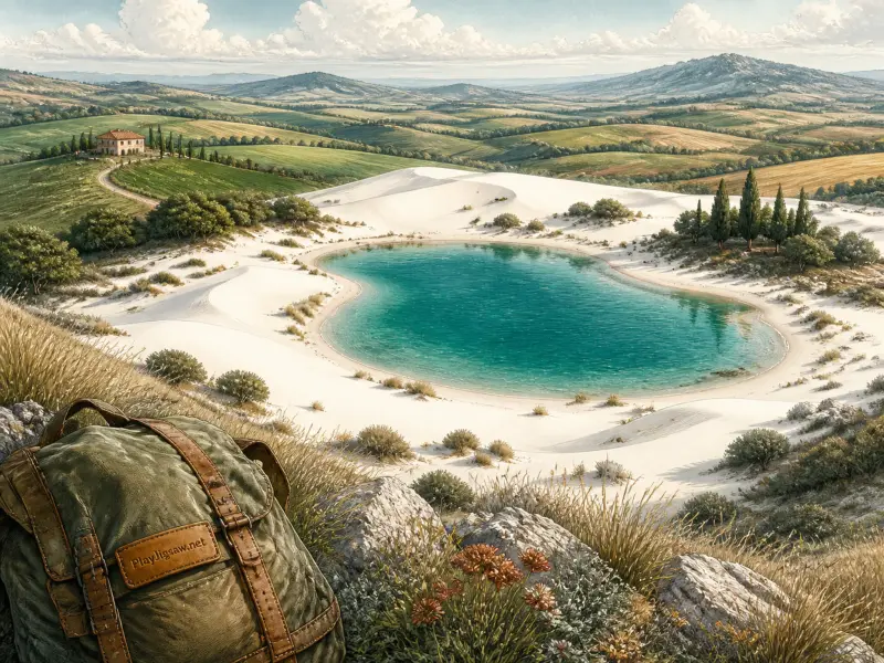 A hiker's backpack rests on a hill overlooking a bright turquoise lagoon framed by white sand and rolling farmland.
