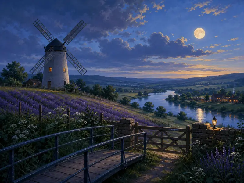 A stone windmill and lavender hillside overlooking a winding river under a bright full moon at twilight.