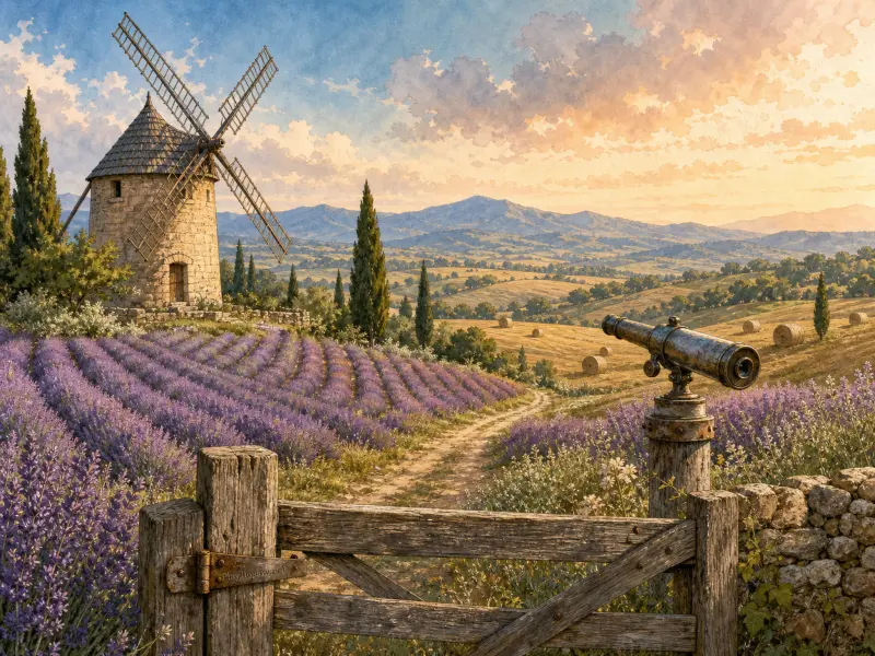 A stone windmill overlooks blooming purple lavender fields and rolling golden farmland behind a rustic wooden fence.