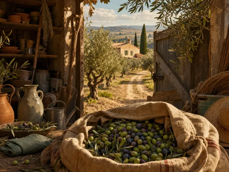 Freshly harvested olives in a burlap sack inside a rustic shed looking out onto an olive grove and stone farmhouse.