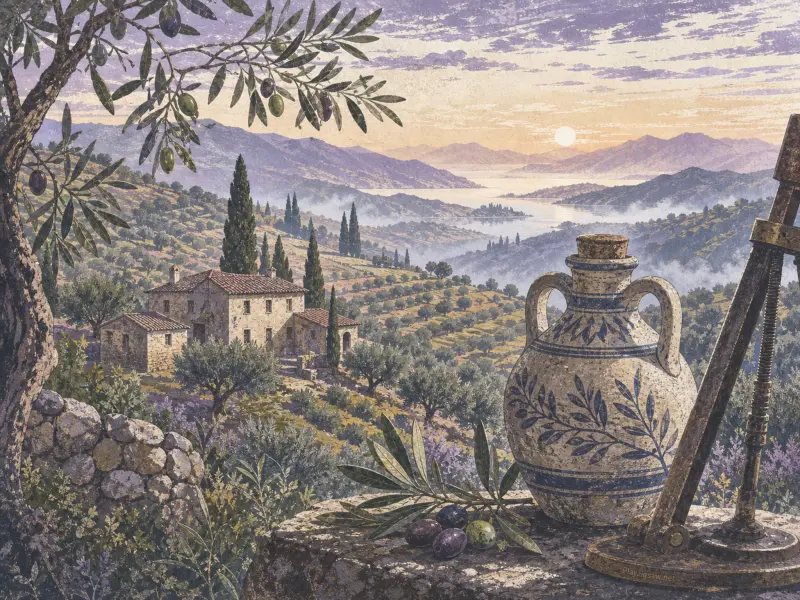 A patterned ceramic jug and olives on a stone ledge overlooking rolling olive groves, a stone villa, and a misty lake.
