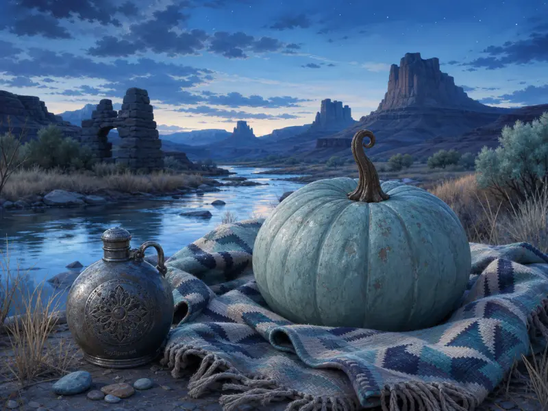 A turquoise pumpkin and antique flask rest on a blanket beside a desert river flowing past towering stone mesas.