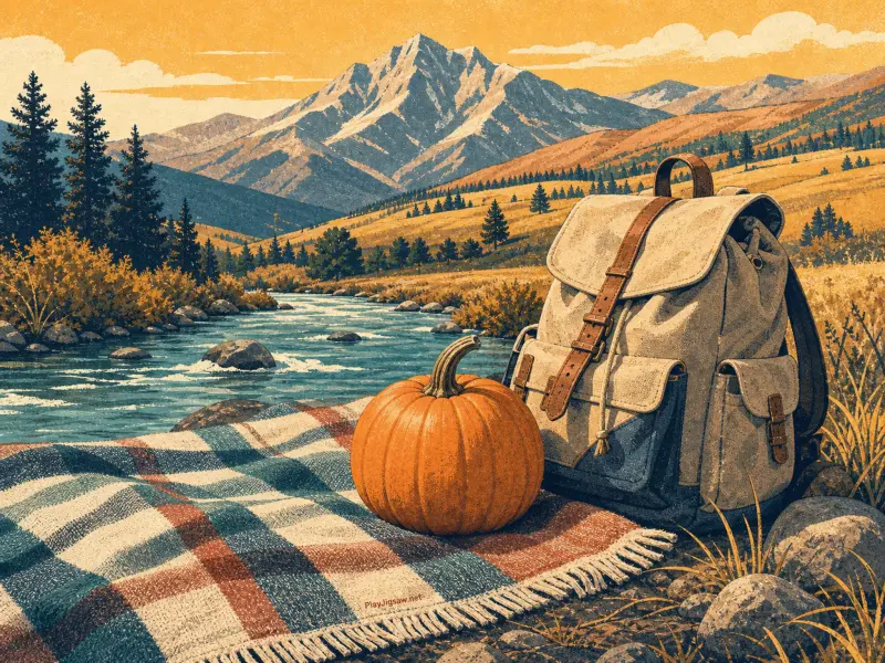 An orange pumpkin and canvas backpack rest on a plaid blanket beside a river with mountains in the background.