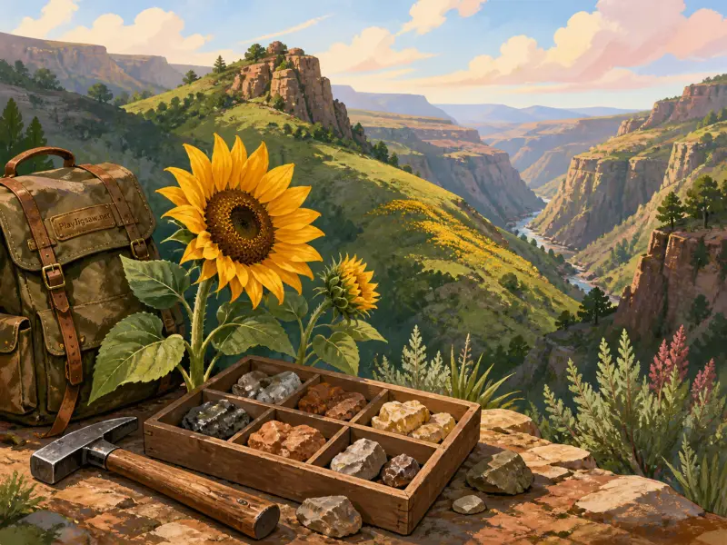 A backpack, bright sunflower, and wooden tray of mineral samples overlook a deep canyon valley with a winding river.