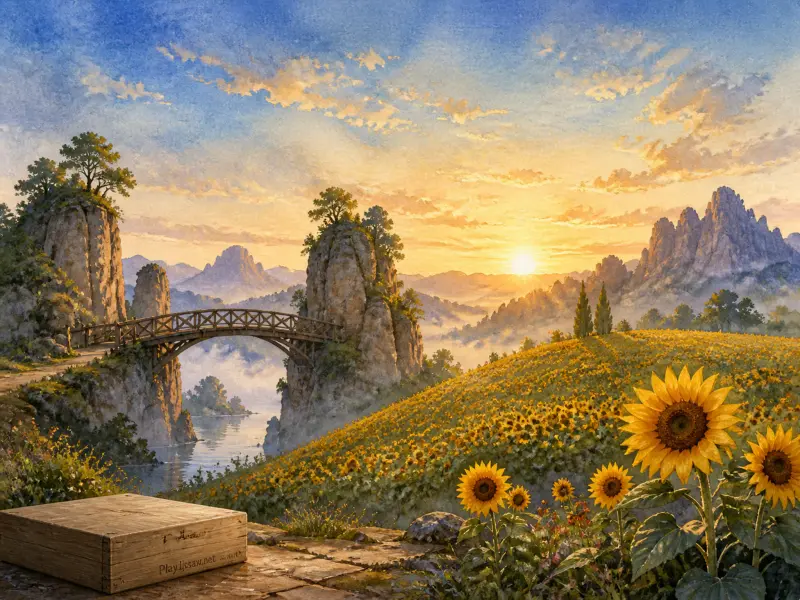 Sunflowers blooming across a hillside near a wooden arched bridge connecting rock pillars at sunrise.