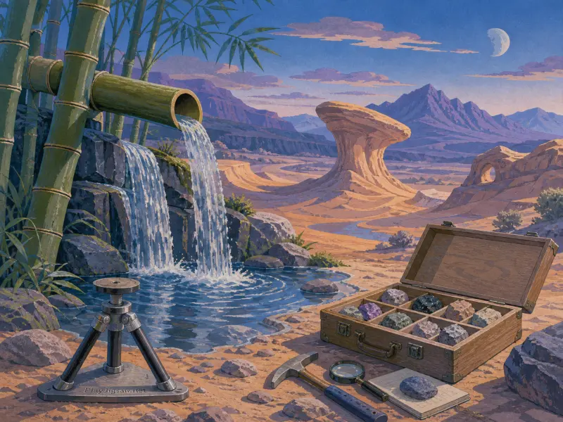 Bamboo pipes pour water into a pool beside a geologist's rock specimen box in an arid canyon landscape.