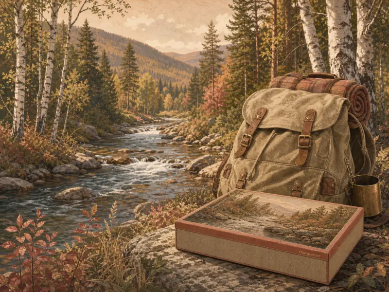 Vintage canvas backpack and keepsake box resting on a rock overlooking a rushing autumn forest creek.