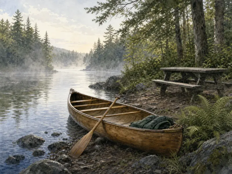 A wooden canoe with an oar rests along a rocky lake shore near a weathered picnic table under pine trees in morning mist.