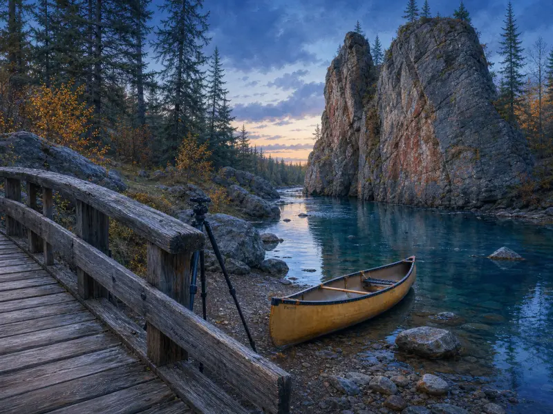 A yellow canoe and camera tripod by a wooden bridge overlooking a clear mountain river and steep rock cliffs.