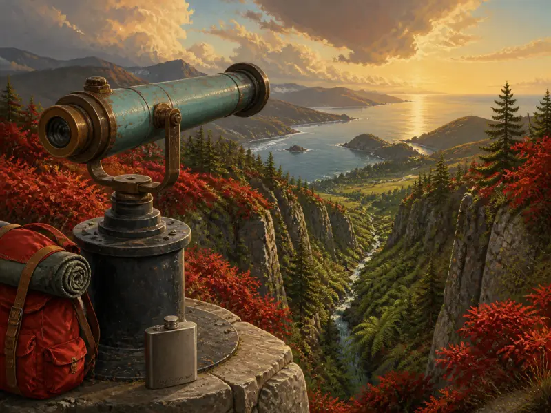 A viewing telescope and hiker's pack on a cliff overlook a forested ravine and coastal bay at sunset.