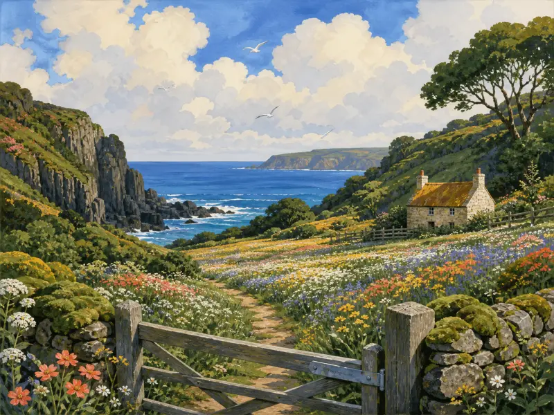 A wooden gate opens to a wildflower meadow path leading down to a rocky coastline and a small stone cottage.