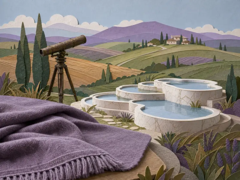 Tiered stone thermal pools and a brass telescope overlook layered rolling hills and purple mountains.