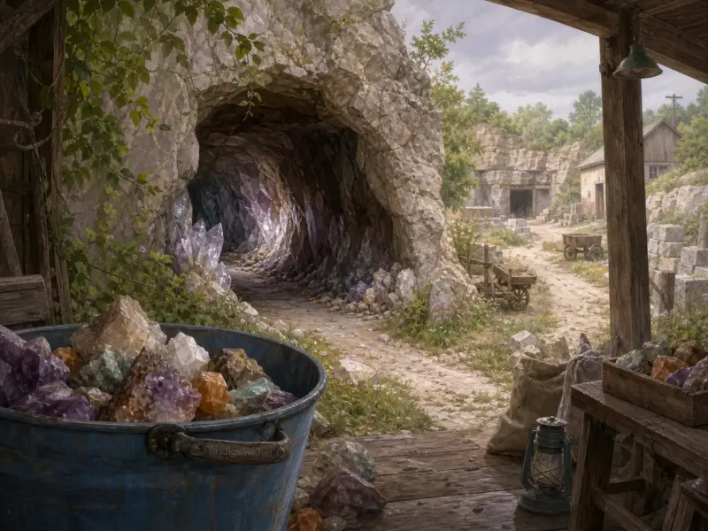 A blue tub filled with rough crystals on a wooden porch outside a cave entrance lined with purple gemstones.