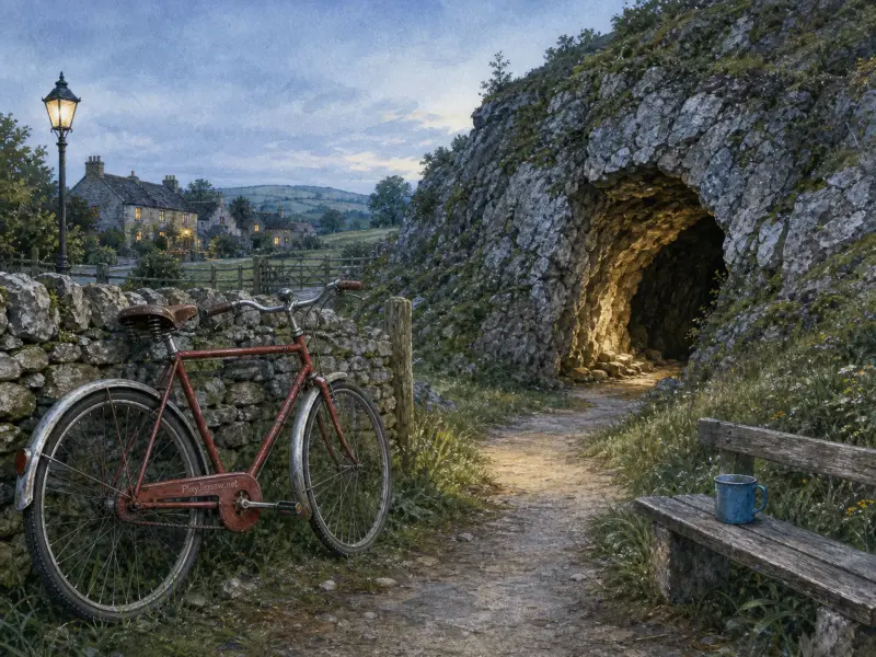 A vintage red bicycle rests by a stone wall next to a path entering a lit rocky cavern near a village.