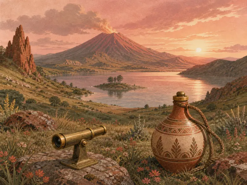 Brass telescope and decorated ceramic jug in a meadow overlooking a lake and smoking volcano at sunset.