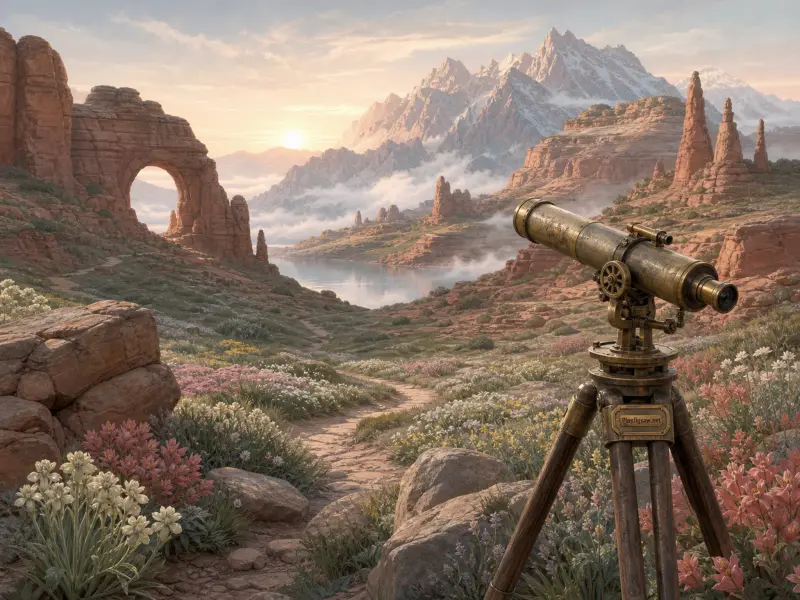 A brass telescope overlooks a wildflower meadow, a natural rock arch, and distant misty mountain peaks.