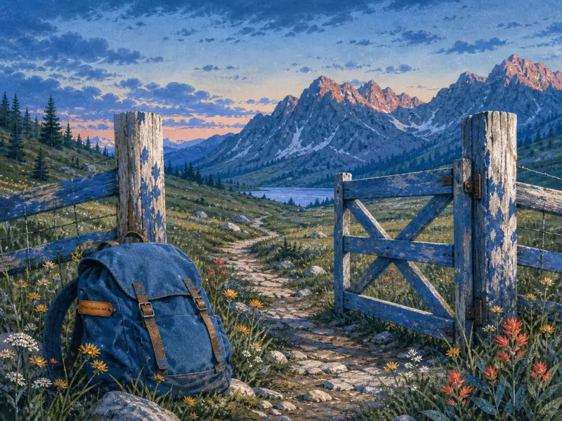 A blue backpack rests beside a weathered wooden gate opening onto a trail leading toward alpine mountain peaks.