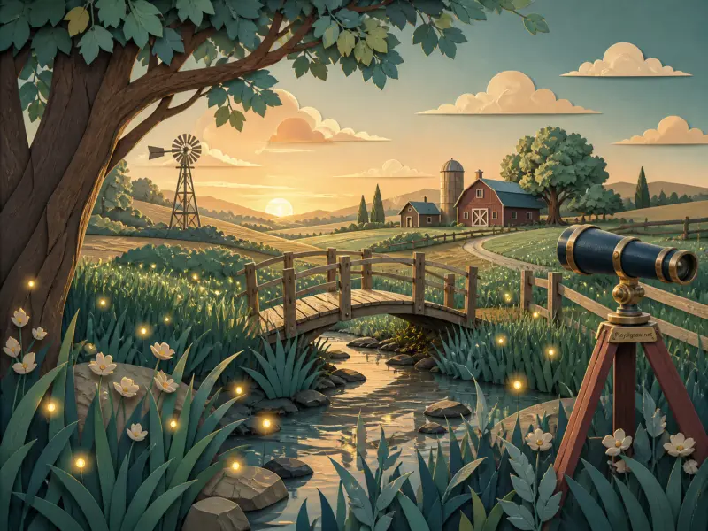 Countryside scene at sunset with a wooden bridge over a stream, fireflies, a telescope, and a distant red barn.