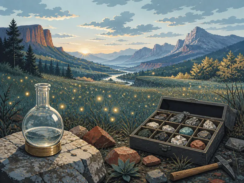 A glass flask and open rock collection box sit in a glowing highland meadow overlooking a mountain valley at sunrise.