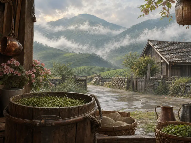 Wooden tubs of tea leaves on a rustic porch looking out over stone fences and misty terraced mountains.