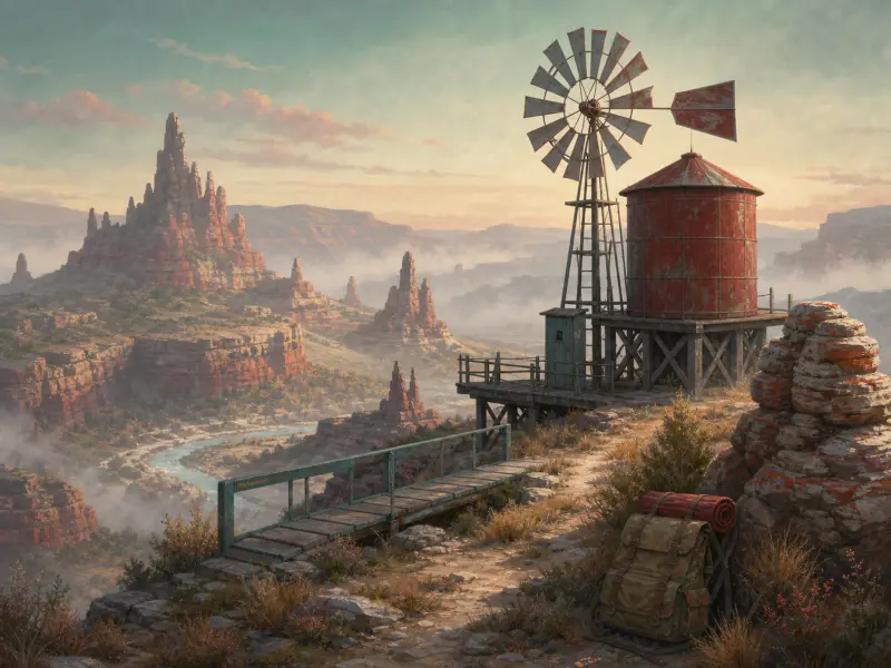 A windmill and red water tank overlook a misty canyon valley with a wooden bridge and hiker backpack on a ridge.