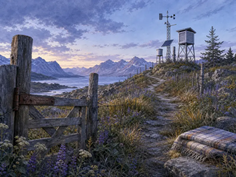 A stone path leads past a rustic wooden gate and purple lupines toward a hilltop weather station overlooking a fjord.