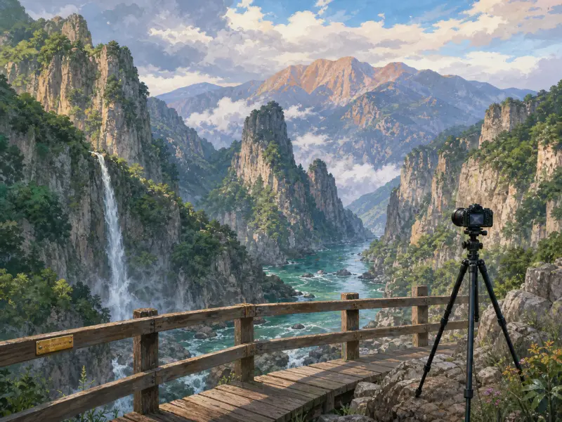 A camera on a tripod overlooking a rugged mountain gorge with a winding river and a tall waterfall.