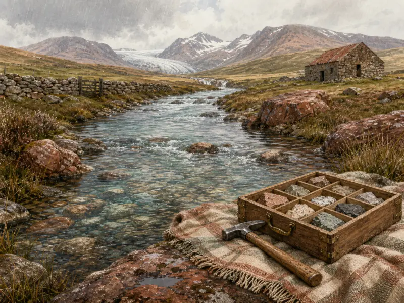 A rock specimen collection box and hammer on a blanket beside a clear mountain stream flowing from snowy peaks.
