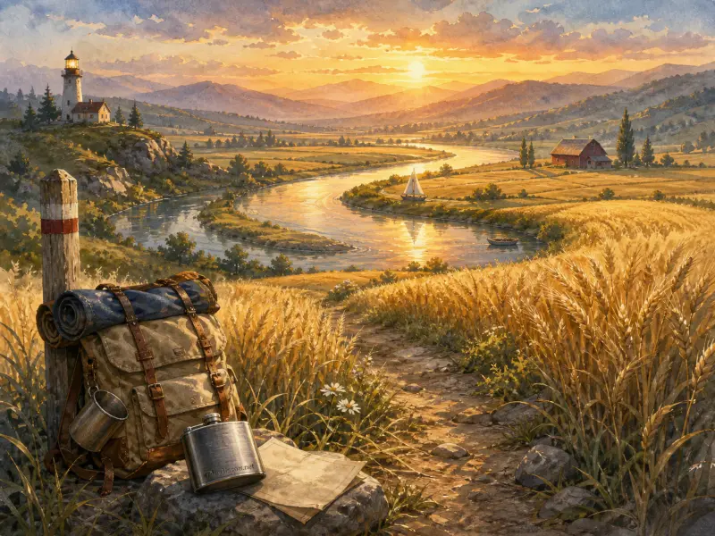 A hiker's backpack sits on a hill overlooking a winding river, distant lighthouse, and golden fields at sunset.