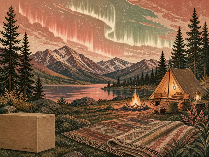 A cozy lakeside campsite with a glowing tent and campfire beneath vibrant northern lights and snowy mountains.