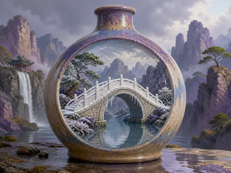 A decorative round vase containing a snowy bridge scene set before misty purple mountains and a waterfall.