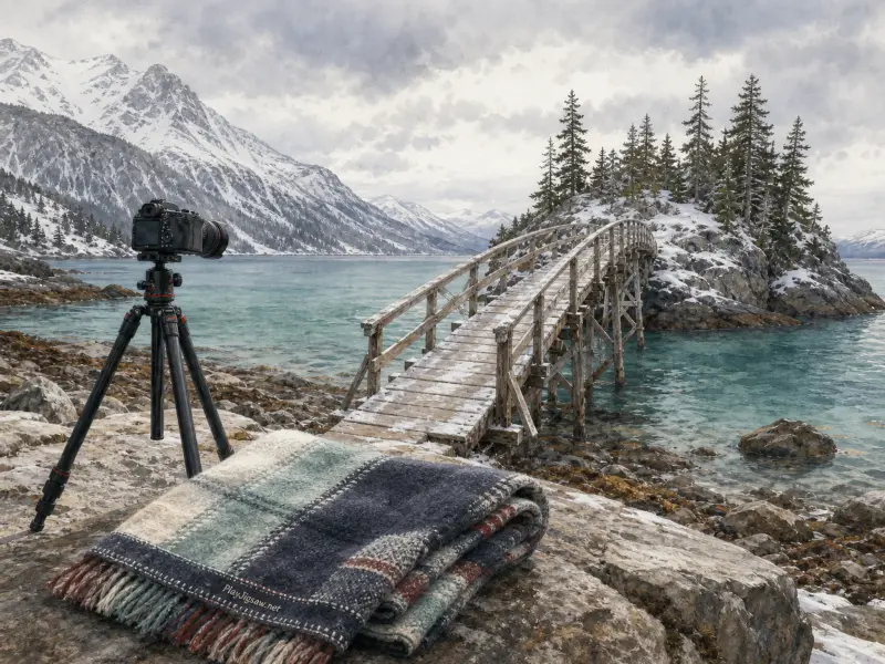 A camera on a tripod and a folded blanket sit by a wooden bridge leading to a snowy island in a mountain lake.
