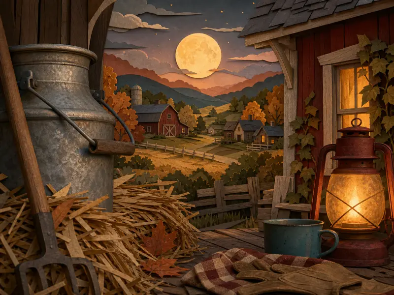 A glowing harvest moon shines over rolling farm fields seen from a rustic barn porch with a lantern and milk can.