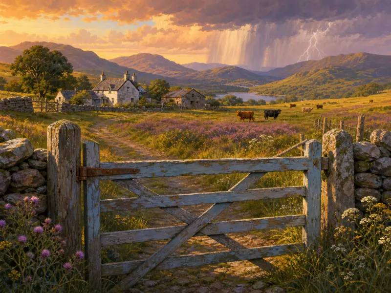 A weathered wooden gate opens onto a valley with grazing cattle, a stone cottage, and a distant lightning storm.