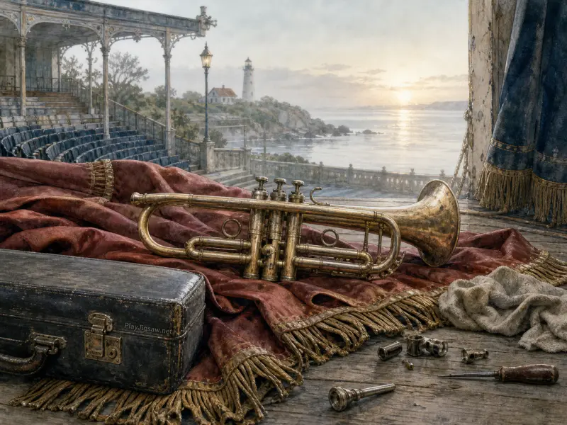 A brass trumpet rests on a red fringed cloth on an open-air stage overlooking the ocean and a lighthouse.