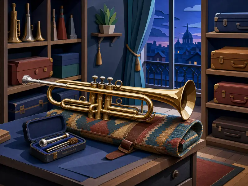 A polished brass trumpet rests on a patterned roll on a desk beside an open window overlooking a night cityscape.