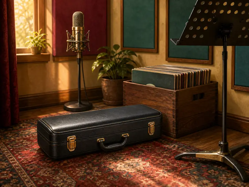 Black instrument case on an ornate rug in a warm music studio beside a microphone and a crate of vinyl records.