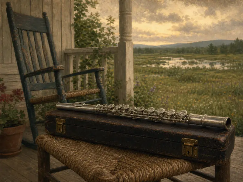 A silver flute rests on its leather case beside a rocking chair on a rustic porch overlooking open meadows.