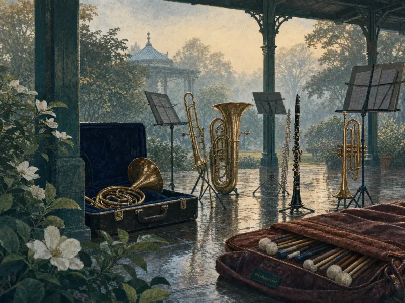 Brass and woodwind instruments arranged on a wet pavilion terrace overlooking a misty garden and gazebo.