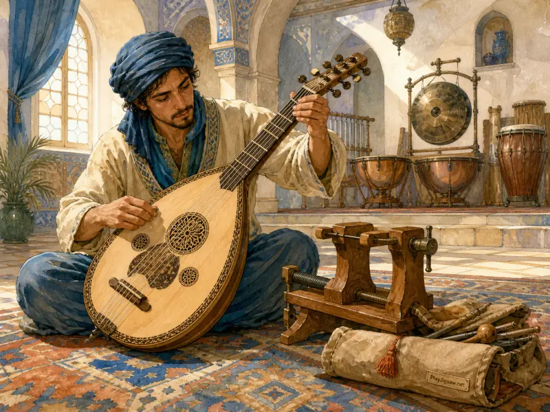 A man wearing a blue turban sits on an ornate rug tuning a wooden oud inside an arched music room.