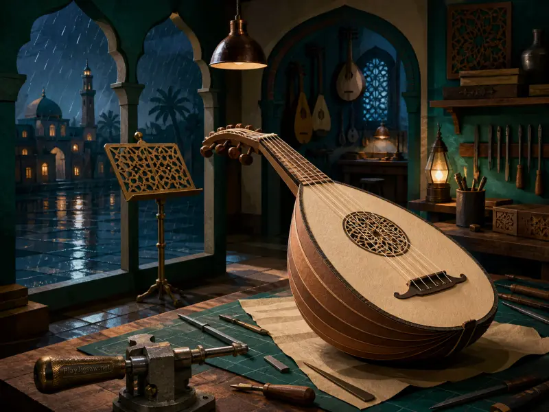 A handcrafted wooden oud lute rests on a workshop bench overlooking a rainy courtyard and distant mosque.