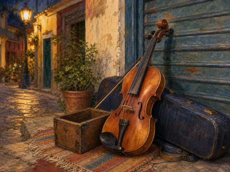 A violin, bow, and blue case set beside a wooden tip box on a charming cobblestone alley at dusk.