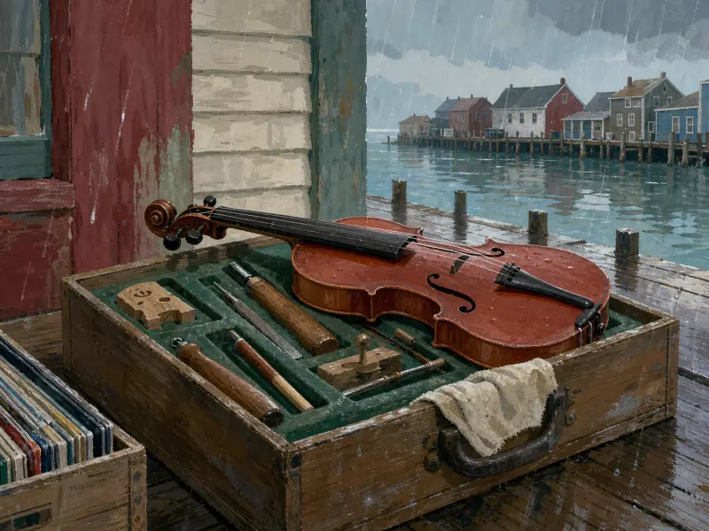 A violin and luthier tools sit in an open wooden case on a wet dock during a coastal rainstorm.
