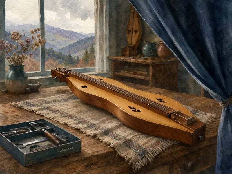 A wooden Appalachian dulcimer on a table by a window overlooking autumn hills, beside a vase of dried flowers.