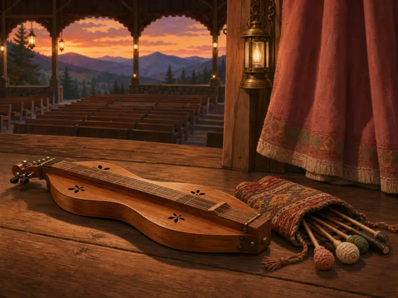 A mountain dulcimer rests on a wooden stage overlooking an open-air pavilion and sunset mountains.