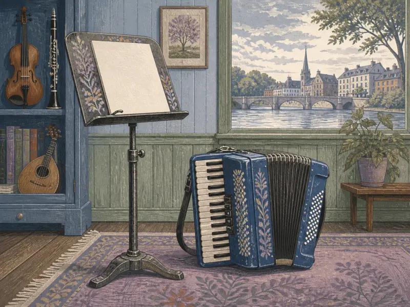 A music room with an accordion, sheet music stand, violin in a cabinet, and a window overlooking a river and town.