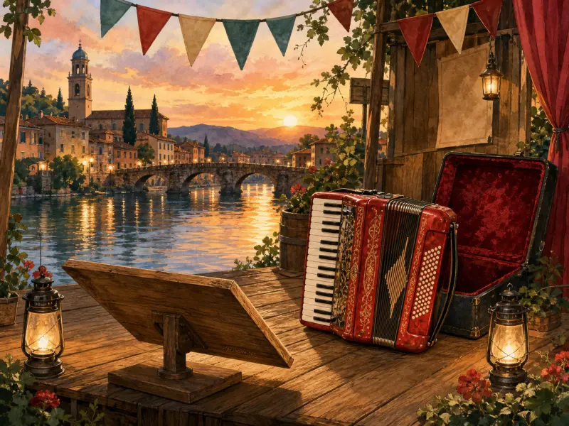 A red accordion and open case rest on a wooden deck overlooking a river, stone bridge, and village at sunset.