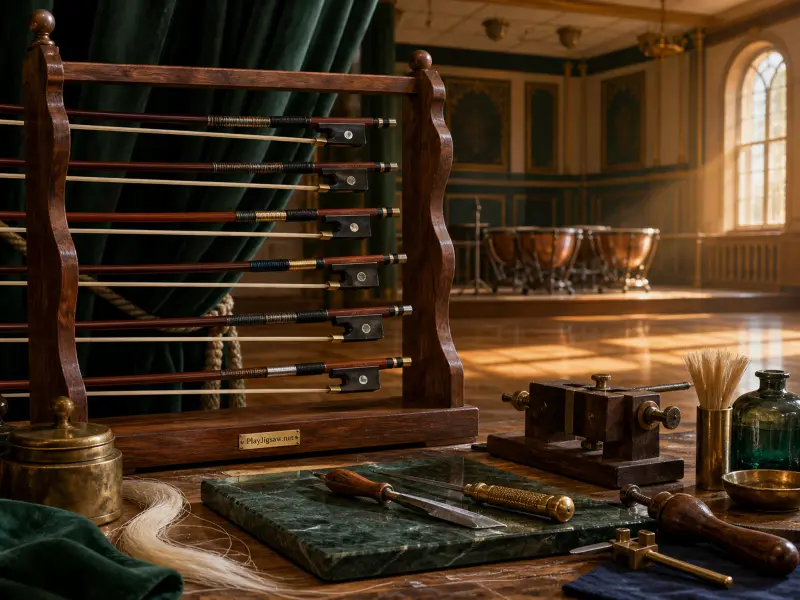 Wooden rack holding violin bows beside luthier tools on a table in a grand music hall.